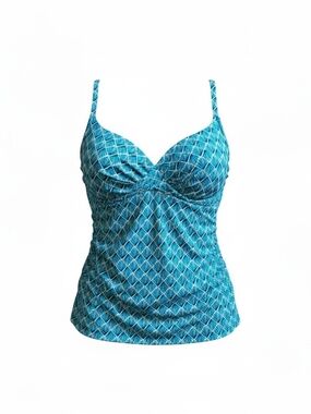 Merona Blue Geometric Tankini Top L Ruched Twist Front Swim Top NWOT